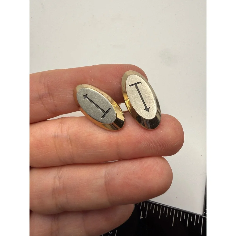Vintage Two Tone Gold Silver Oval Cufflinks Arrow T Motif‎ Mid Century Modern